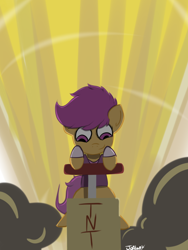 Size: 768x1024 | Tagged: safe, artist:jordanloo, derpibooru import, scootaloo, explosion, explosives, solo, tnt