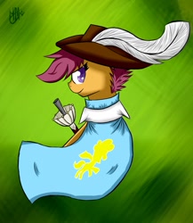 Size: 1000x1150 | Tagged: safe, artist:suplolnope, derpibooru import, scootaloo, cape, clothes, hat, looking back, musketeer, plume, rapier, solo, sword, weapon