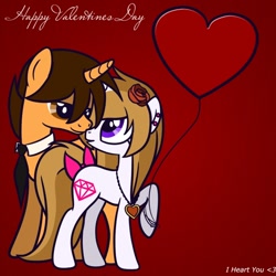 Size: 894x894 | Tagged: safe, artist:sandra626, derpibooru import, oc, oc only, pony, unicorn, balloon, bow, earring, female, freakii, heart, heart balloon, hearts and hooves day, justcola, male, necklace, necktie, rose, shipping, straight