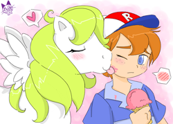 Size: 700x500 | Tagged: safe, artist:patchworkedheart, derpibooru import, danny williams, surprise, human, pony, g1, blushing, cute, daaaaaaaaaaaw, dannyprise, female, heart, human male, human male on mare, ice cream, interspecies, male, mare, shipping, straight