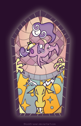 Size: 750x1167 | Tagged: safe, artist:blockeraser, derpibooru import, discord, screwball, hat, propeller hat, screwball tells all, stained glass, swirly eyes, tumblr