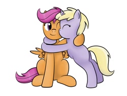 Size: 800x600 | Tagged: safe, artist:pvryohei, derpibooru import, dinky hooves, scootaloo, dinkyloo, female, hug, kissing, lesbian, on hind legs, one eye closed, shipping, simple background, sitting