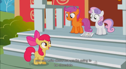 Size: 853x470 | Tagged: safe, derpibooru import, screencap, apple bloom, scootaloo, sweetie belle, ponyville confidential, cutie mark crusaders, meme, ponyville schoolhouse, youtube caption