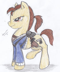 Size: 1485x1773 | Tagged: safe, artist:spacesheep-art, derpibooru import, gun, lara croft, ponified, ponytail, tomb raider