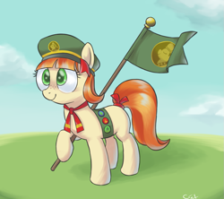 Size: 975x867 | Tagged: safe, artist:yeendip, derpibooru import, tag-a-long, filly, filly guides, flag, smiling, solo, thin mint