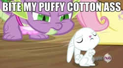 Size: 853x475 | Tagged: safe, derpibooru import, angel bunny, spike, dragon, just for sidekicks, angel is a bunny bastard, caption, futurama, vulgar