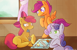 Size: 1172x769 | Tagged: safe, artist:mastercheefs, derpibooru import, apple bloom, scootaloo, sweetie belle, cutie mark crusaders, monopoly, sweetie belle is not amused, unamused