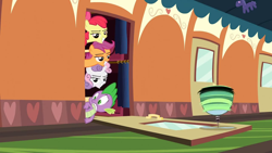 Size: 1280x720 | Tagged: safe, derpibooru import, screencap, apple bloom, scootaloo, spike, sweetie belle, tank, dragon, just for sidekicks, cutie mark crusaders, evil grin, train