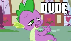 Size: 620x358 | Tagged: safe, derpibooru import, edit, edited screencap, screencap, spike, dragon, boast busters, caption, dude, image macro, solo, stoner spike