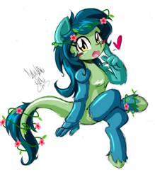 Size: 963x1101 | Tagged: safe, artist:danmakuman, oc, oc only, anthro, draconequus, unguligrade anthro, anthro oc, crossed legs, cute, female, flower, flower in hair, flower in tail, open mouth, solo, unshorn fetlocks