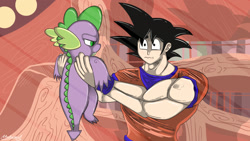 Size: 1920x1080 | Tagged: safe, artist:malamol, spike, dragon, :t, crossover, dragon ball z, frown, glare, goku, holding, saiyan, this will end in tears, unamused, wavy mouth, wide eyes