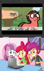 Size: 1108x1765 | Tagged: safe, artist:pokehidden, artist:the-butch-x, edit, apple bloom, scootaloo, sweetie belle, oc, oc:big brian, pony, equestria girls, banned from equestria daily, clubhouse, computer, crusaders clubhouse, crusaders on laptop meme, cutie mark crusaders, exploitable meme, laptop computer, meme, this will end in jail time