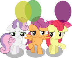 Size: 4460x3572 | Tagged: safe, artist:chrispy248, derpibooru import, apple bloom, scootaloo, sweetie belle, balloon, cutie mark crusaders, sad, simple background, transparent background, vector