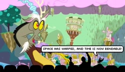 Size: 600x342 | Tagged: safe, derpibooru import, discord, draconequus, caption, chaos, chocolate, chocolate rain, cloud, cotton candy, cotton candy cloud, discorded landscape, floating island, food, green sky, image macro, male, mystery science theater 3000, ponyville town hall, rain