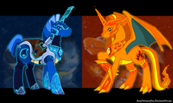 Size: 900x537 | Tagged: safe, artist:renepolumorfous, derpibooru import, blastoise, charizard, pokémon, ponified