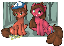 Size: 600x435 | Tagged: safe, artist:mocha-shortcake, derpibooru import, braces, dipper pines, forest, gravity falls, hat, mabel pines, ponified, tree