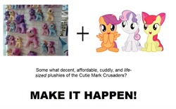 Size: 1204x746 | Tagged: safe, derpibooru import, apple bloom, scootaloo, sweetie belle, cutie mark crusaders, exploitable meme, funrise, irl, make it happen, photo, plushie