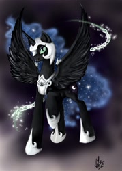 Size: 1500x2100 | Tagged: safe, artist:vixetra, derpibooru import, nightmare moon, alicorn, pony, black coat, female, horn, mare, solo, wings