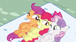 Size: 800x450 | Tagged: safe, derpibooru import, screencap, apple bloom, scootaloo, sweetie belle, one bad apple, cutie mark crusaders, grin, mattress, on back, one eye closed, wink