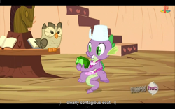 Size: 1024x640 | Tagged: safe, derpibooru import, screencap, owlowiscious, spike, dragon, just for sidekicks, gem, hub logo, youtube caption