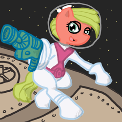 Size: 504x504 | Tagged: safe, artist:ficficponyfic, derpibooru import, oc, oc only, ponytaur, cowboys and equestrians, gun, hat, laser, mad (tv series), mad magazine, maplejack, planet, pony galaxy adventure, raygun, science fiction, space, spaceship, spacesuit, tumblr, tumblr comic