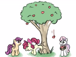 Size: 3600x2700 | Tagged: safe, artist:estrill, derpibooru import, apple bloom, scootaloo, sweetie belle, applebucking, basket, cutie mark crusaders