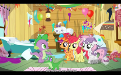 Size: 1024x640 | Tagged: safe, derpibooru import, screencap, apple bloom, gummy, opalescence, scootaloo, spike, sweetie belle, dragon, just for sidekicks, cutie mark crusaders, youtube caption