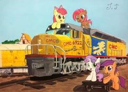 Size: 1024x736 | Tagged: safe, artist:jet-ann, derpibooru import, apple bloom, babs seed, scootaloo, sweetie belle, train