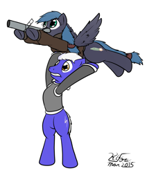 Size: 1063x1252 | Tagged: safe, artist:the-furry-railfan, oc, oc only, oc:night strike, oc:static charge, earth pony, pegasus, pony, fallout equestria, fallout equestria: empty quiver, clothes, fastball special, grenade launcher, gun, jacket, m79