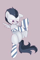 Size: 627x938 | Tagged: safe, artist:kryptchild, derpibooru import, rumble, blushing, clothes, socks, solo, striped socks