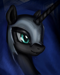 Size: 800x998 | Tagged: safe, artist:mindlesshead, derpibooru import, nightmare moon, alicorn, black coat, female, horn, mare, simple background, solo