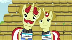 Size: 854x480 | Tagged: safe, derpibooru import, edit, edited screencap, screencap, flam, flim, the super speedy cider squeezy 6000, drama, flim flam brothers, unicon, unicon drama