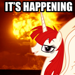 Size: 800x800 | Tagged: safe, derpibooru import, oc, oc only, oc:fausticorn, alicorn, doom faust, doom paul, explosion, female, image macro, it's happening, lauren faust, looking at you, mare, solo