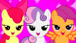 Size: 1280x718 | Tagged: safe, derpibooru import, screencap, apple bloom, scootaloo, sweetie belle, just for sidekicks, bedroom eyes, cutie mark crusaders, image macro