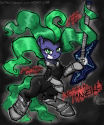 Size: 1500x1803 | Tagged: safe, artist:flutterthrash, mane-iac, grin, guitar, heavy metal, metal, solo