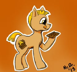 Size: 500x462 | Tagged: safe, artist:herrdoktorrr, derpibooru import, earth pony, food pony, original species, pony, 30 minute art challenge, :q, eyes on the prize, food, licking, licking lips, looking at something, male, orange background, ponified, simple background, smiling, solo, stallion, tongue out, waffle