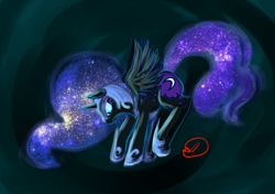 Size: 1500x1058 | Tagged: safe, artist:ryuredwings, derpibooru import, nightmare moon, alicorn, black coat, female, horn, mare, simple background, solo