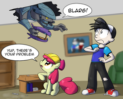 Size: 1280x1032 | Tagged: safe, artist:whatsapokemon, apple bloom, oc, oc:luke, human, carpentry, ceiling pony, crossover, elite, filly, halo (series), red vs blue, sangheili, toolbox, tumblr