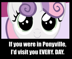 Size: 666x548 | Tagged: safe, artist:mixermike622, derpibooru import, sweetie belle, bronybait, c:, cute, diasweetes, dilated pupils, fourth wall, image macro, looking at you, smiling, solo