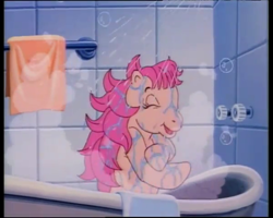 Size: 600x480 | Tagged: safe, derpibooru import, screencap, patch (g1), g1, my little pony tales, bath, happy, shower, towel