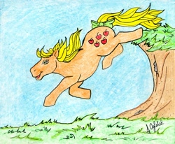 Size: 730x601 | Tagged: safe, artist:justinehedman, derpibooru import, applejack (g1), g1, jumping, solo, traditional art