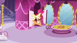 Size: 1263x705 | Tagged: safe, derpibooru import, screencap, apple bloom, scootaloo, sweetie belle, sleepless in ponyville, carousel boutique, cutie mark crusaders, mirror, stairs, table