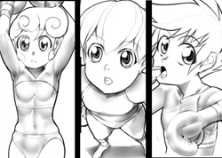 Size: 845x601 | Tagged: safe, artist:pugilismx, derpibooru import, apple bloom, scootaloo, sweetie belle, boxing, cutie mark crusaders, humanized, monochrome, pixiv