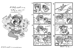 Size: 900x590 | Tagged: safe, artist:haute-claire, derpibooru import, berry punch, berryshine, minuette, ruby pinch, 4koma, ask, ask ruby pinch, clothes, comic, cute, dress, monochrome, tumblr