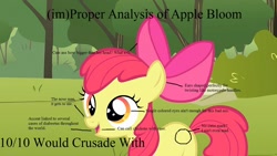 Size: 1280x723 | Tagged: safe, derpibooru import, edit, apple bloom, 10/10, analysis, image macro, solo, vulgar