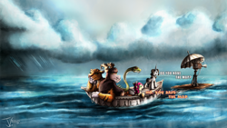 Size: 1250x704 | Tagged: safe, artist:jamescorck, chimera sisters, oc, oc:cotton bucket, oc:movie slate, chimera, boat, life of pi, multiple heads, three heads, tumblr