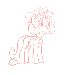 Size: 500x500 | Tagged: safe, artist:mt, derpibooru import, sweetie belle, blushing, clothes, filly guides, monochrome, uniform