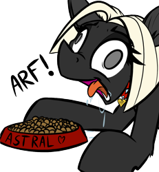 Size: 3708x4015 | Tagged: safe, artist:outlawedtofu, artist:ralek, oc, oc only, oc:astral, fallout equestria, fallout equestria: outlaw, behaving like a dog, collar, derp, drool, food bowl, kibble, mind break, monochrome, open mouth, pet play, simple background, solo, tongue out, transparent background