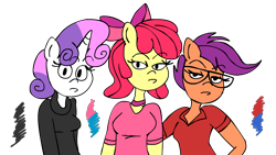 Size: 4000x2250 | Tagged: safe, artist:scobionicle99, apple bloom, scootaloo, sweetie belle, anthro, aqua teen hunger force, crime fighting crusaders, crossover, cutie mark crusaders, glasses, older, simple background, transparent background