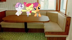 Size: 1920x1080 | Tagged: safe, artist:mr-kennedy92, derpibooru import, apple bloom, scootaloo, sweetie belle, cute, cutie mark crusaders, milkshake, ponies in real life, restaurant, table, vector